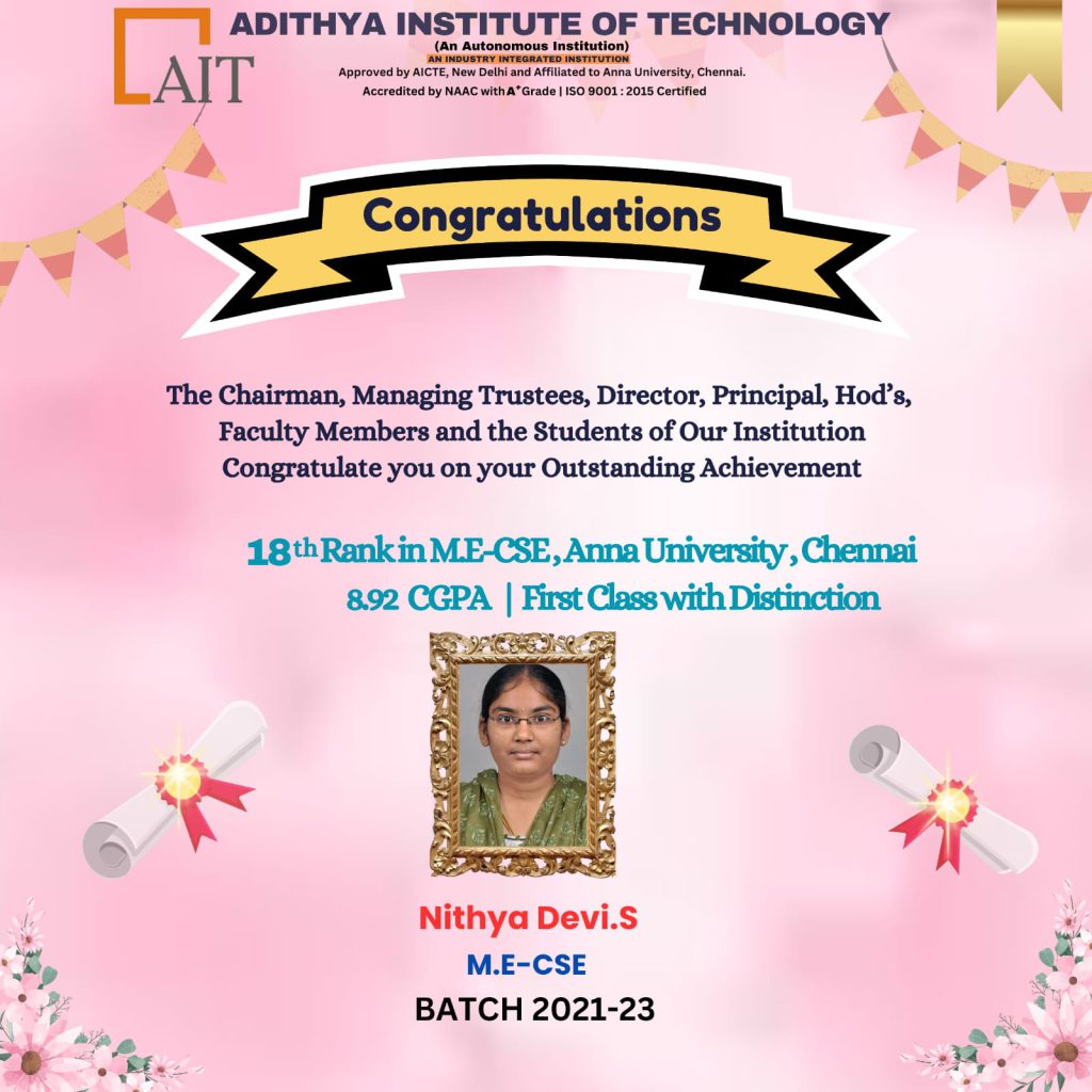 18th Rank in M.E-CSE, Anna University, Chennai 8.92 CGPA | First Class with Distinction